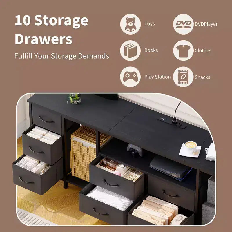 10 Drawer Dresser, TV Stand with Fabric Drawers for 75 70 65 Inch TV, TV Console Table, Entertainment Center with Open Storage Shelves for Bedroom