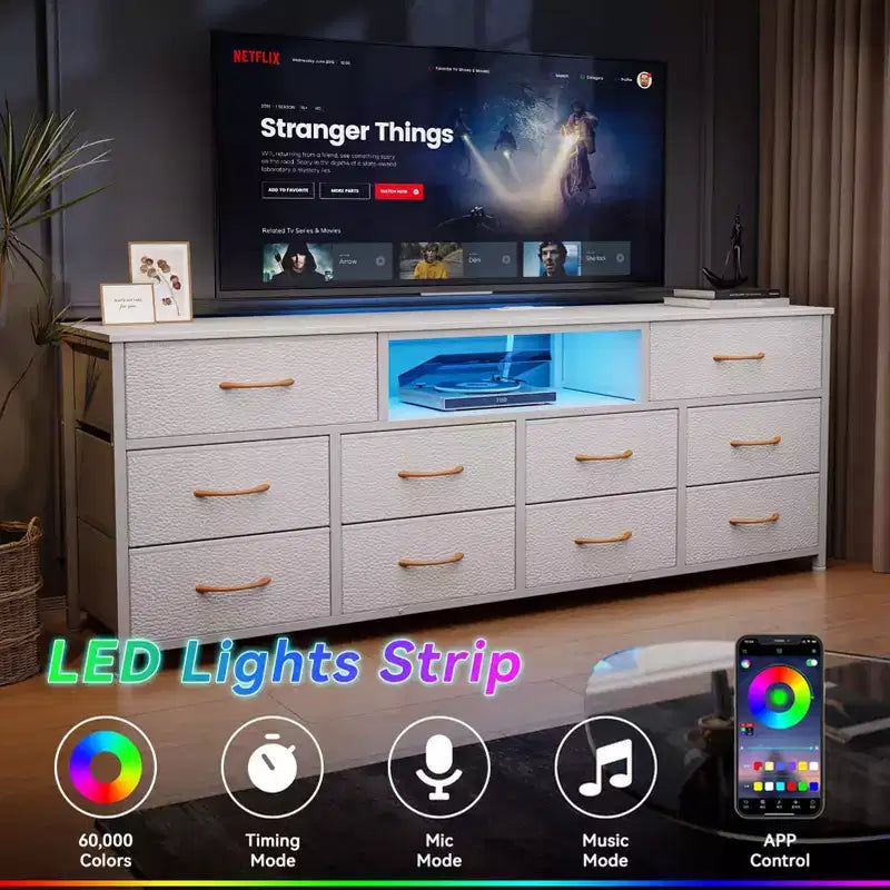 Large White 10 Drawer Dresser TV Stand For 75 Inch TV Media Console Fabric Storage Chest With Power Outlets LED Lights Bedroom Furniture Organizer