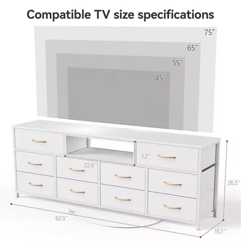 Large White 10 Drawer Dresser TV Stand For 75 Inch TV Media Console Fabric Storage Chest With Power Outlets LED Lights Bedroom Furniture Organizer