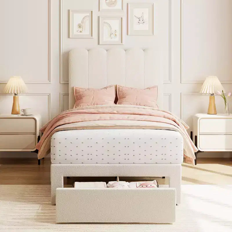 Velvet Upholstered Twin Bed Frame with Drawer Storage and Headboard,Kids Platform Bed Frame for Girls,Wooden Slats Support,Low Profile Design