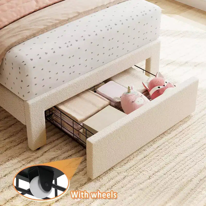 Velvet Upholstered Twin Bed Frame with Drawer Storage and Headboard,Kids Platform Bed Frame for Girls,Wooden Slats Support,Low Profile Design
