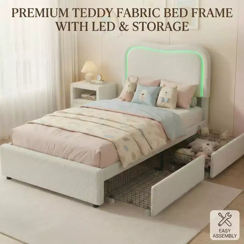 Bed Frame with 2 Storage Drawers, Upholstered Platform Bed with LED Headboard, No Box Spring Needed for Kids, Teens