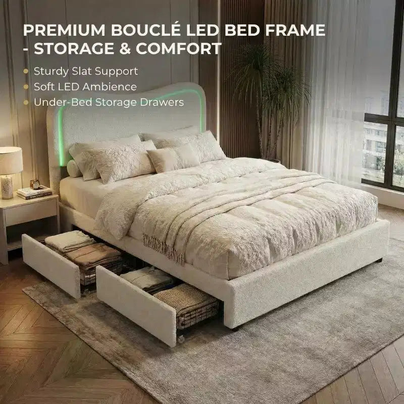 Bed Frame with 2 Storage Drawers, Upholstered Platform Bed with LED Headboard, No Box Spring Needed for Kids, Teens