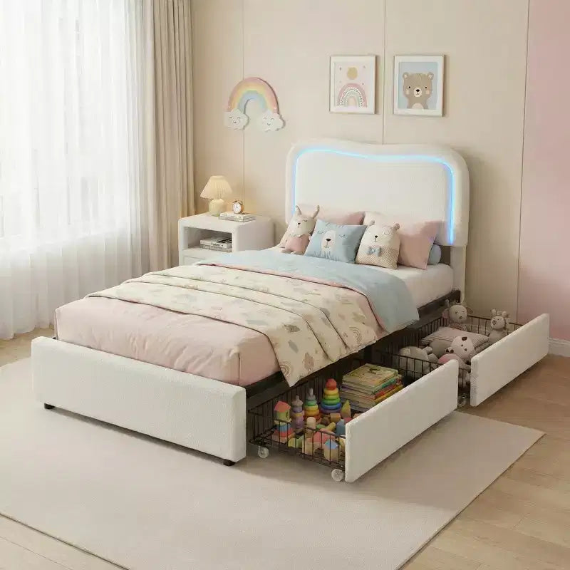 Bed Frame with 2 Storage Drawers, Upholstered Platform Bed with LED Headboard, No Box Spring Needed for Kids, Teens