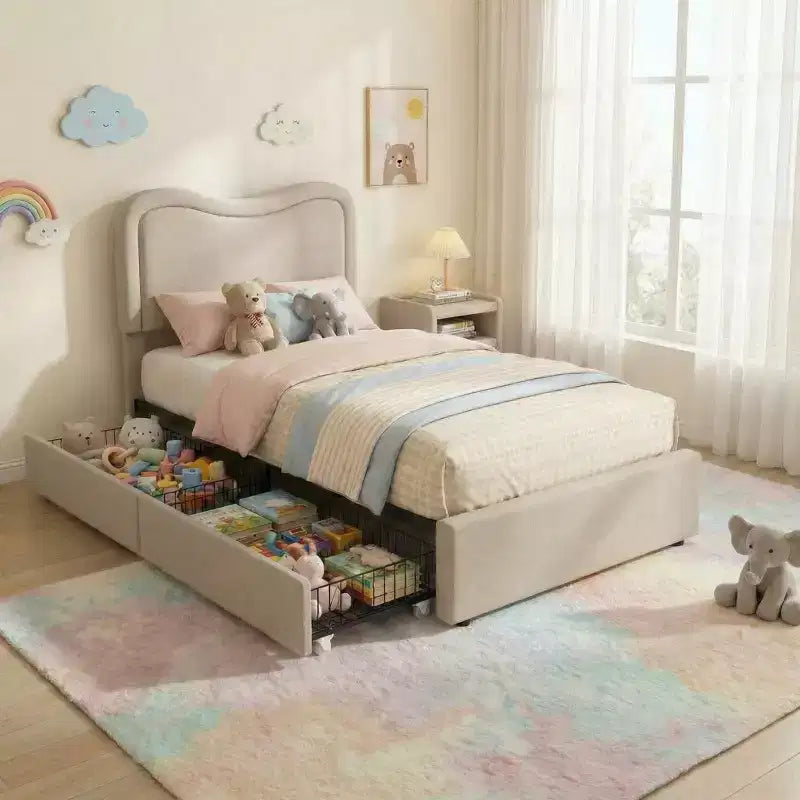 Bed Frame with 2 Storage Drawers, Upholstered Platform Bed with LED Headboard, No Box Spring Needed for Kids, Teens