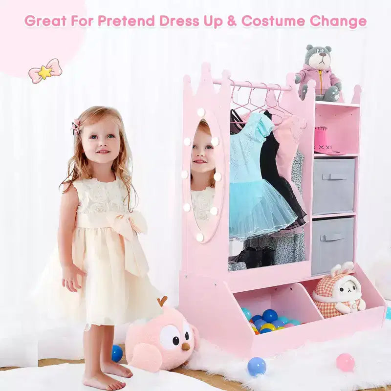 Kids Dress Up Storage, Lighted Mirror Costume Wardrobe Closet with Hanging Armoire & Bins for Bedroom Playroom