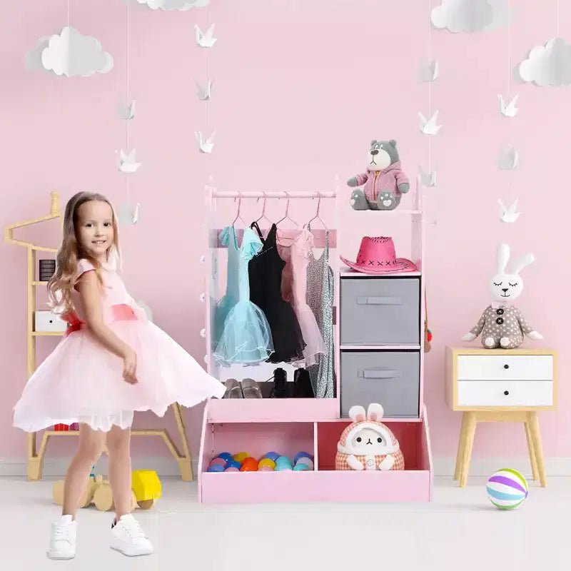 Kids Dress Up Storage, Lighted Mirror Costume Wardrobe Closet with Hanging Armoire & Bins for Bedroom Playroom
