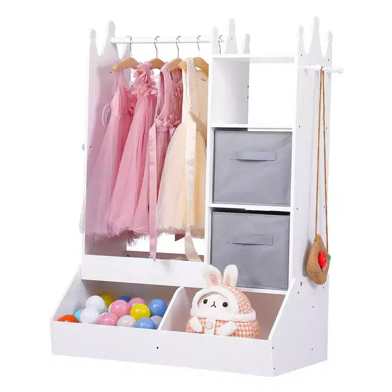 Kids Dress Up Storage, Lighted Mirror Costume Wardrobe Closet with Hanging Armoire & Bins for Bedroom Playroom