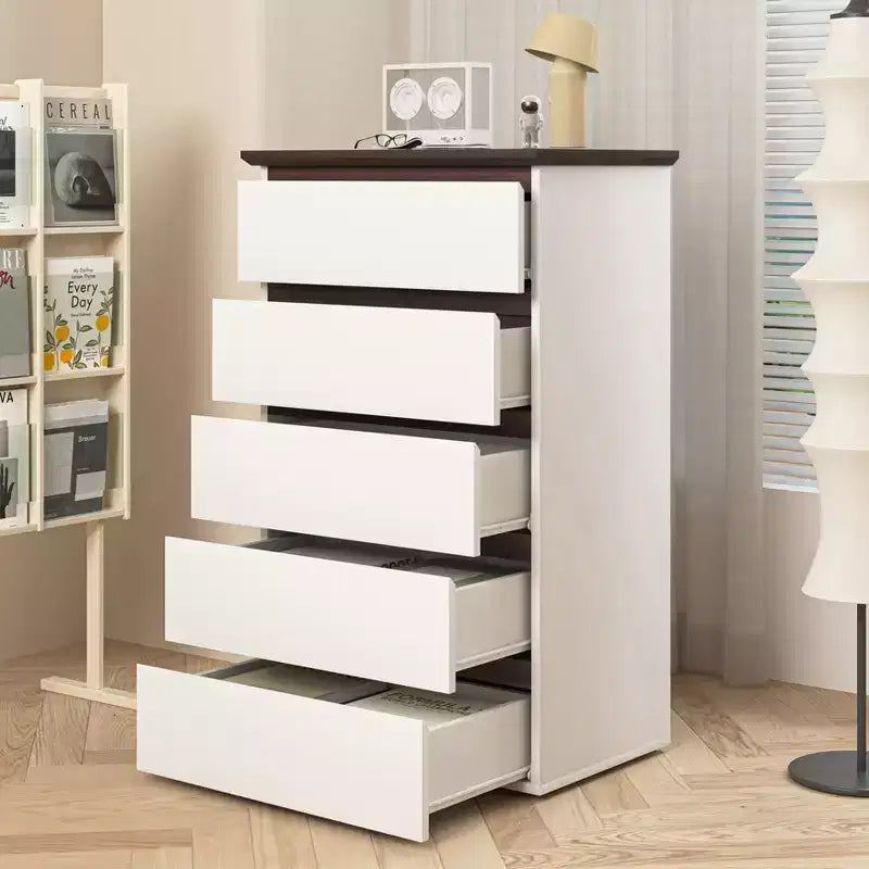 Commode à 5 tiroirs pour chambre à coucher, commode de rangement moderne avec tiroirs, meuble de rangement blanc et noyer