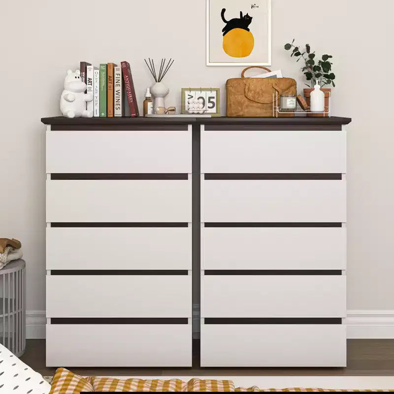 5 Drawer Dresser for Bedroom, Modern Closet Dressers Chest of Drawers, White & Walnut Color Storage Dresser Chest Cabinet Organizer
