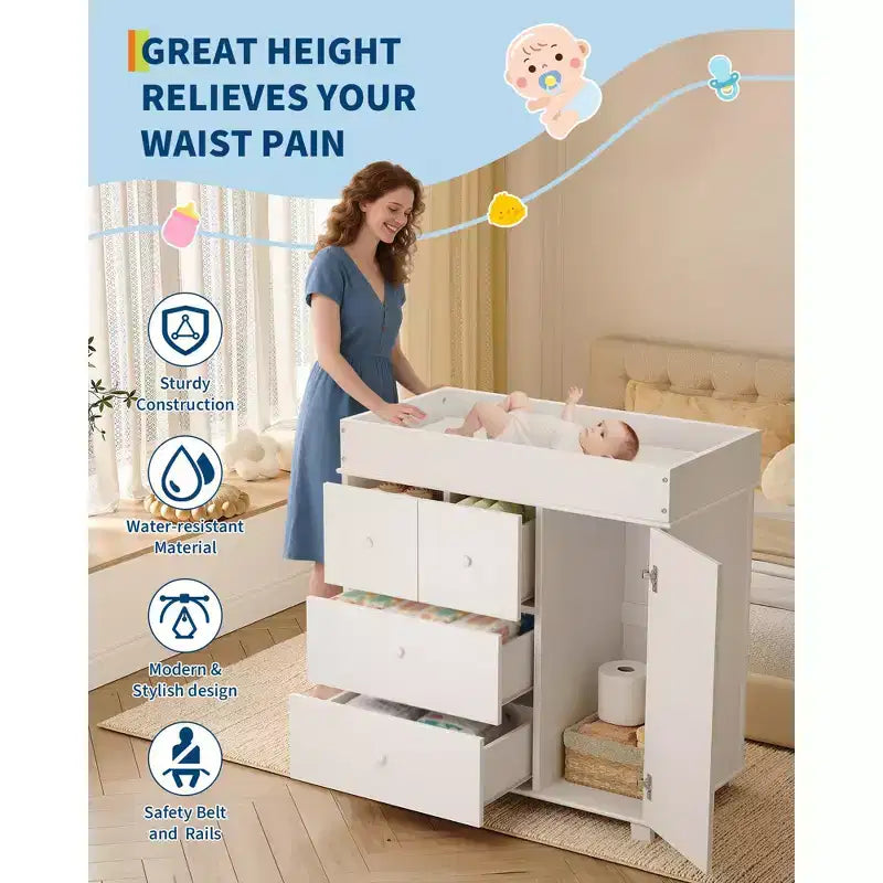 Baby Changing Table Dresser with 2 Drawers, Modern Nursery Dresser with an Open Storage Space, Diaper Changing Station for Bedroom, Kids Room, White