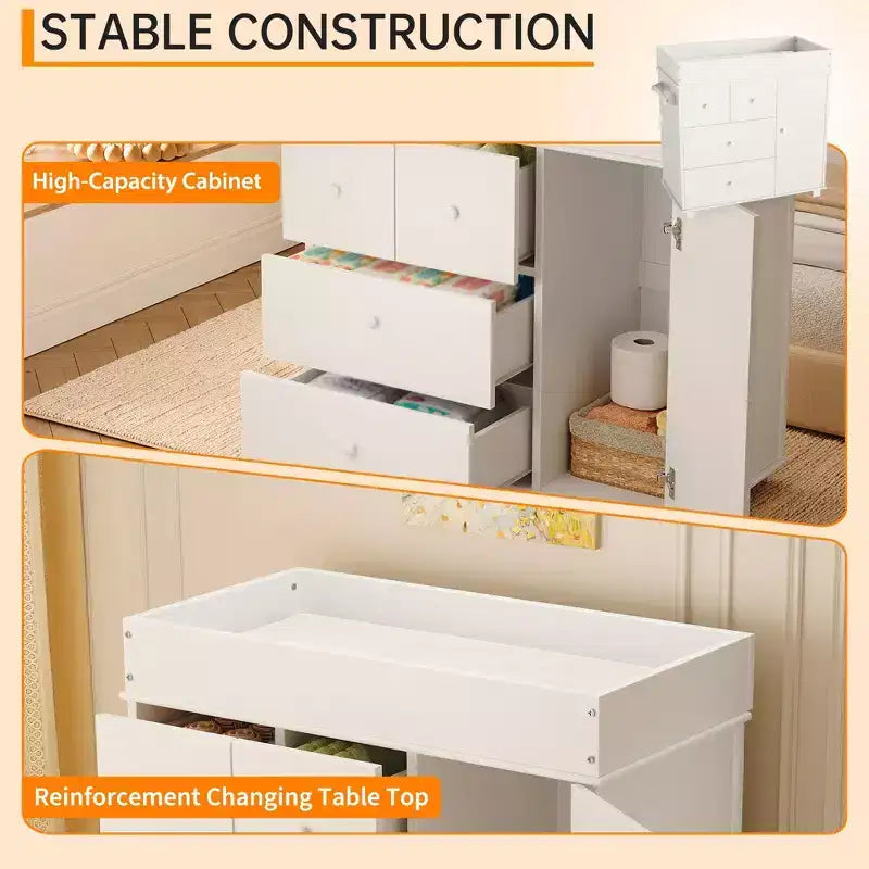 Baby Changing Table Dresser with 2 Drawers, Modern Nursery Dresser with an Open Storage Space, Diaper Changing Station for Bedroom, Kids Room, White