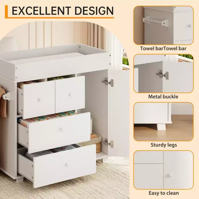 Commode à langer avec 2 tiroirs, commode moderne pour chambre d'enfant avec espace de rangement ouvert, table à langer pour chambre à coucher, chambre d'enfant, blanc