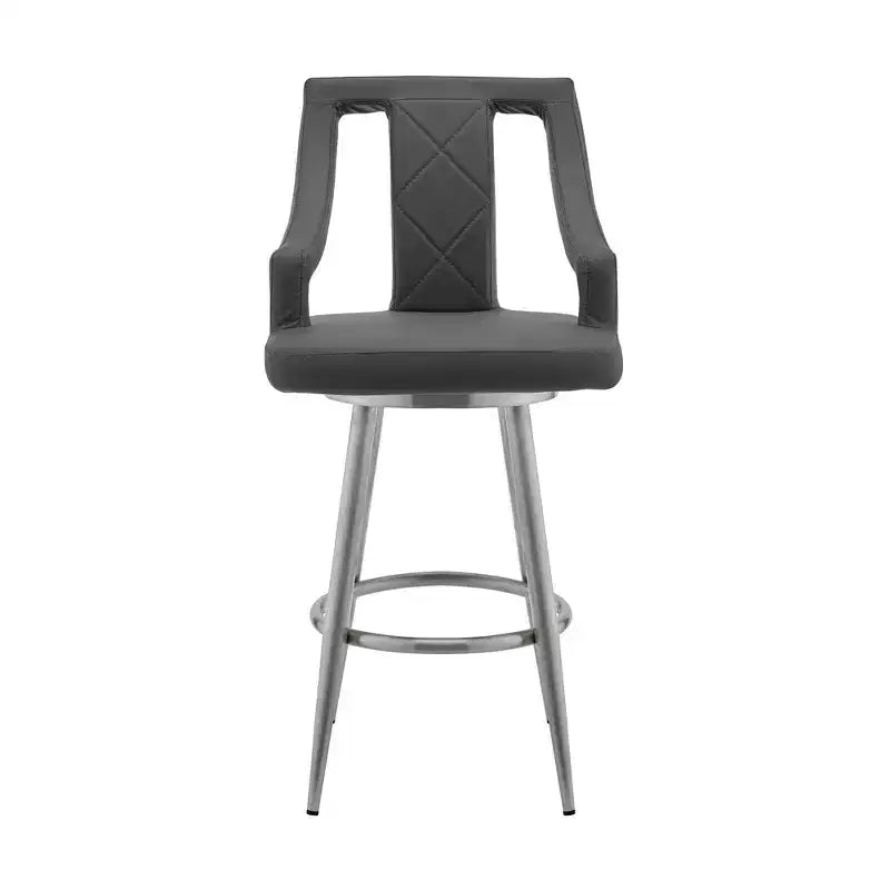26" Counter Height Barstool with Gray Faux Leather Brushed Stainless Steel Finish - Swivel, Footrest, Modern Design