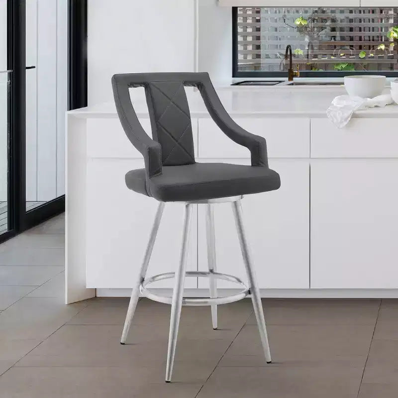 26" Counter Height Barstool with Gray Faux Leather Brushed Stainless Steel Finish - Swivel, Footrest, Modern Design