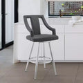 26" Counter Height Barstool with Gray Faux Leather Brushed Stainless Steel Finish - Swivel, Footrest, Modern Design