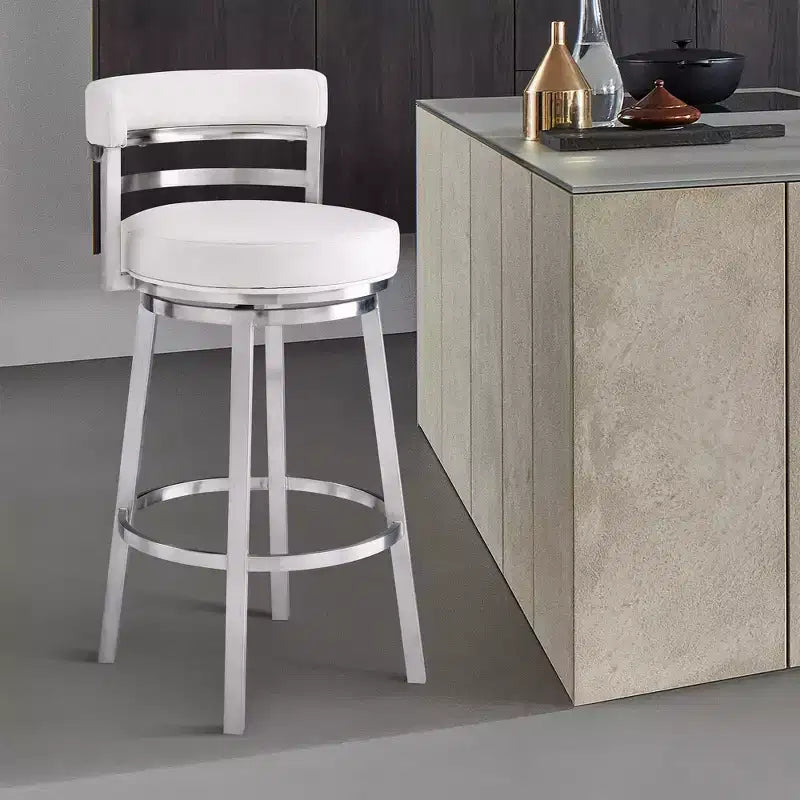 26" Faux Leather Stainless Steel Counter Height Barstool White: Ergonomic, 360 Swivel, High-Density Foam