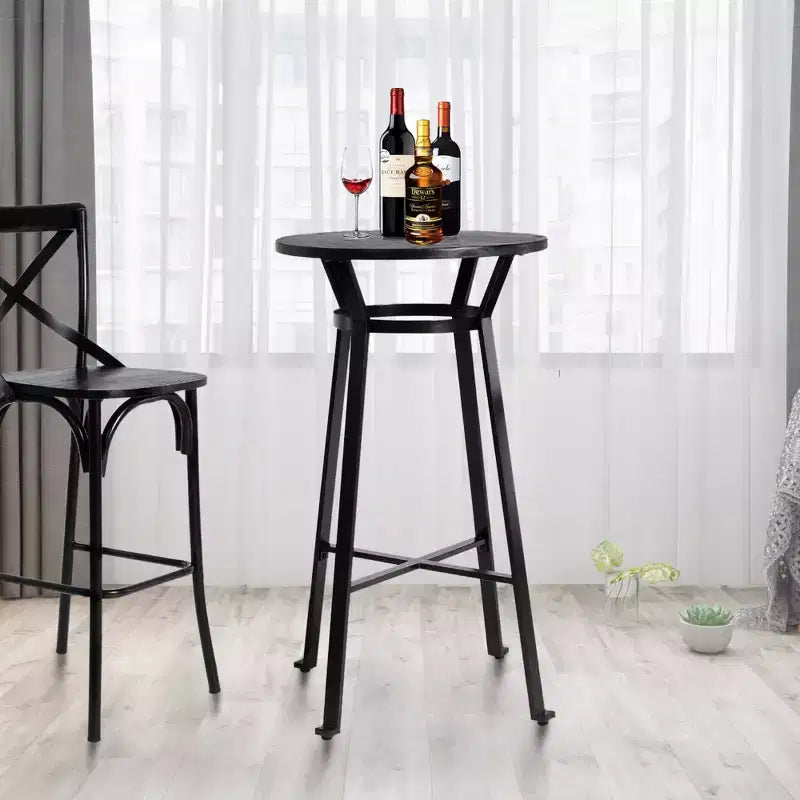 41.25" Steel Bar Table with Solid Elm Wood Top Black - Modern Pub, Bistro Style, 2-Seater