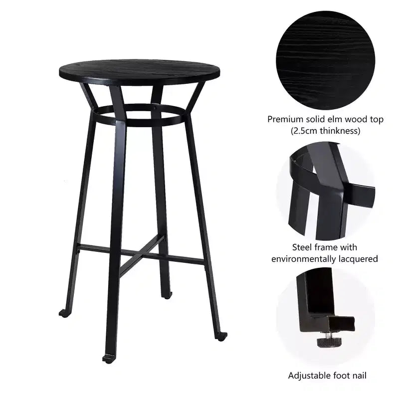 41.25" Steel Bar Table with Solid Elm Wood Top Black - Modern Pub, Bistro Style, 2-Seater