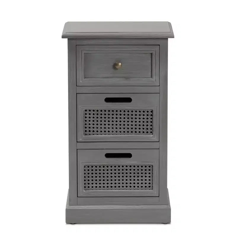 Vintage Wood and Synthetic Rattan 3 Drawer Nightstand Gray