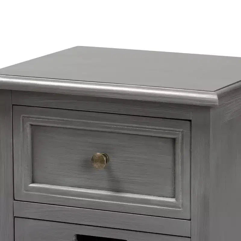 Vintage Wood and Synthetic Rattan 3 Drawer Nightstand Gray