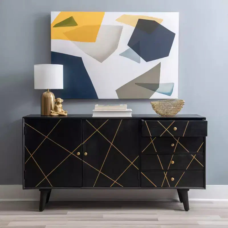 Console de rangement moderne du milieu du siècle 58" - Bois de manguier, quincaillerie en fer