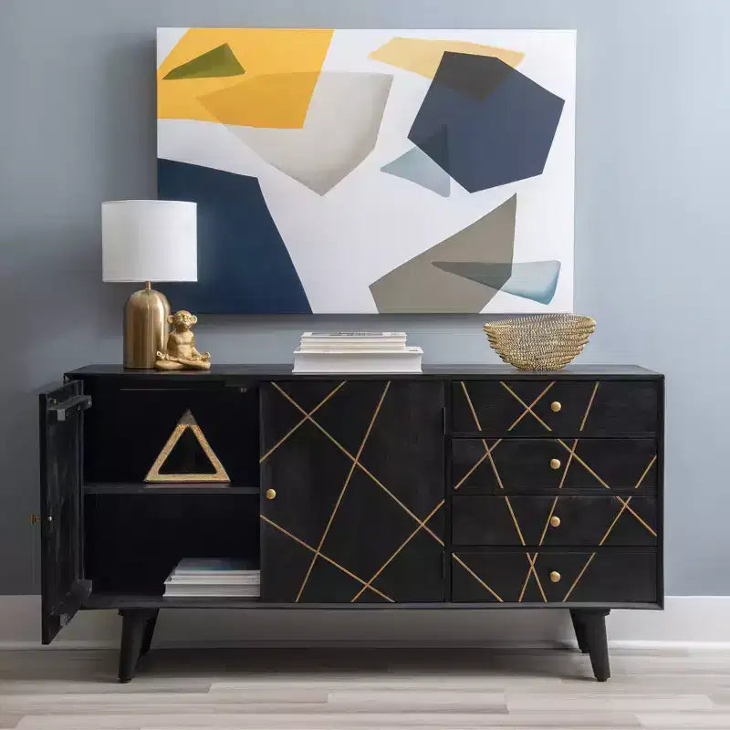 Console de rangement moderne du milieu du siècle 58" - Bois de manguier, quincaillerie en fer