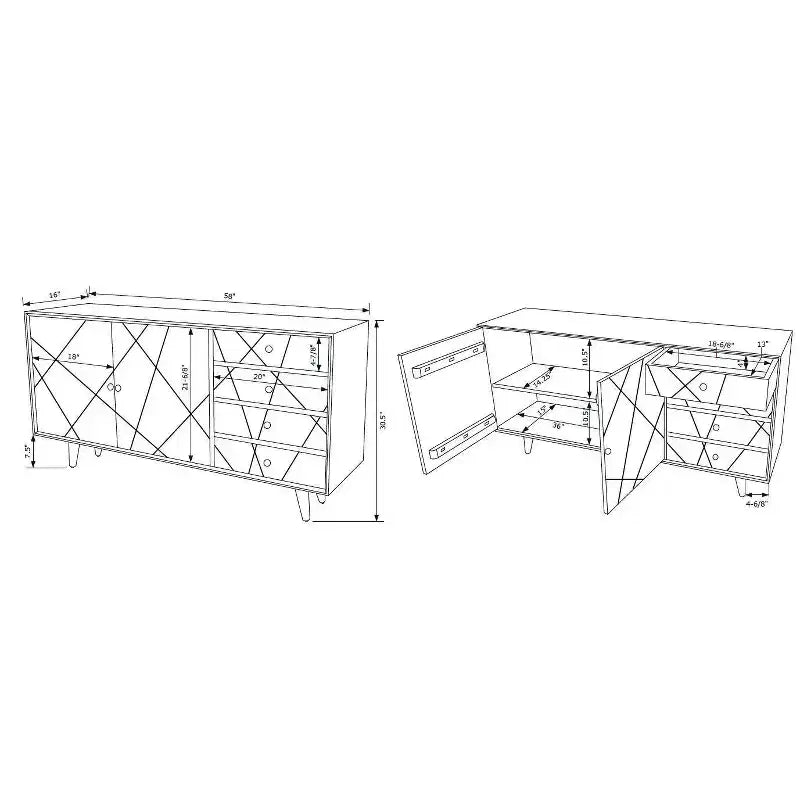 Console de rangement moderne du milieu du siècle 58" - Bois de manguier, quincaillerie en fer