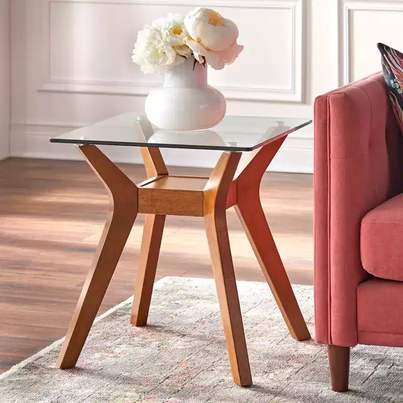 Table d'appoint Fontana en noyer avec plateau en verre : Moderne du milieu du siècle, cadre en bois d'hévéa, plateau en verre trempé transparent