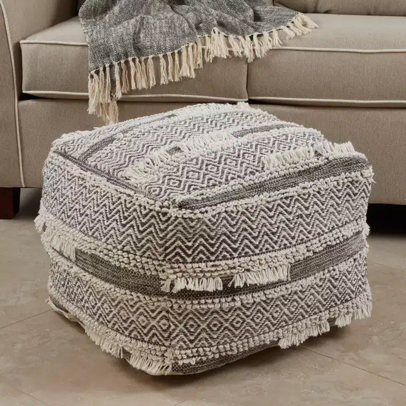 Pouf tissé main texturé, 20x20x14 carré, gris