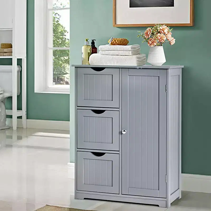 Meuble de rangement latéral pour salle de bain avec 3 tiroirs et 1 placard
