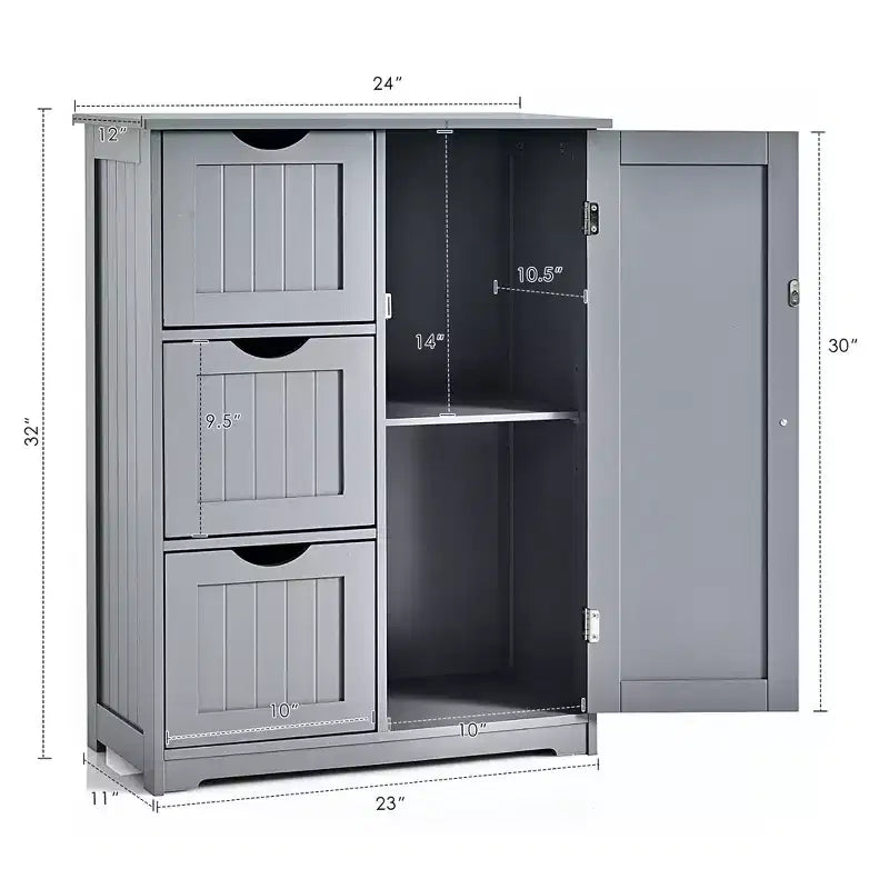 Meuble de rangement latéral pour salle de bain avec 3 tiroirs et 1 placard