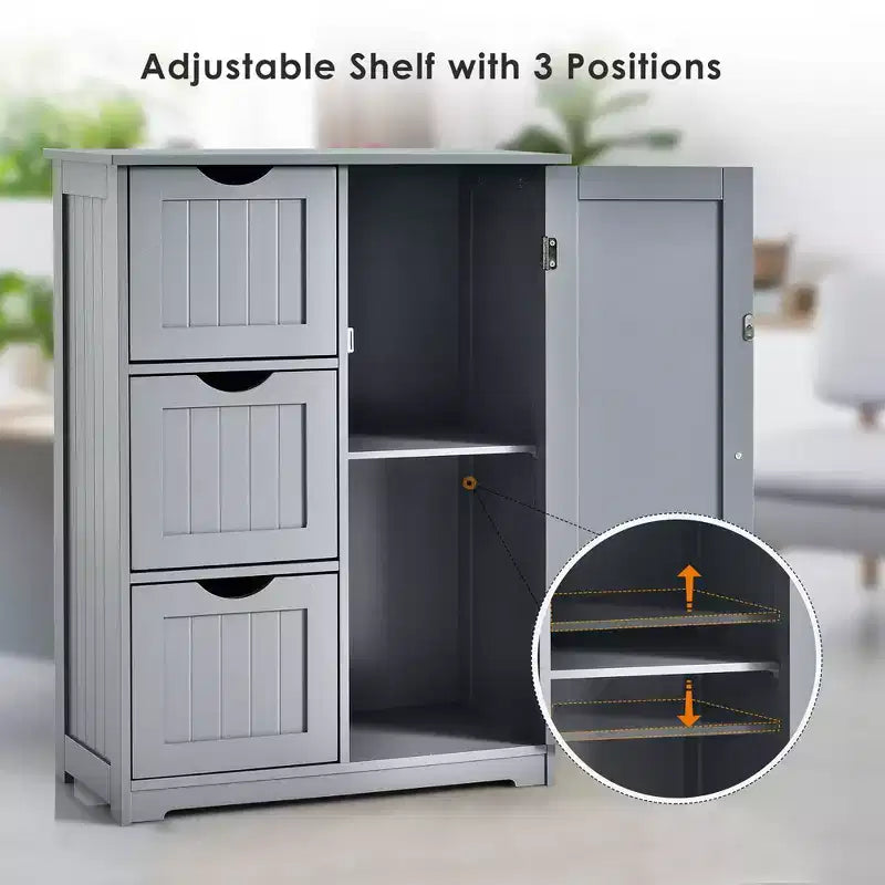 Meuble de rangement latéral pour salle de bain avec 3 tiroirs et 1 placard
