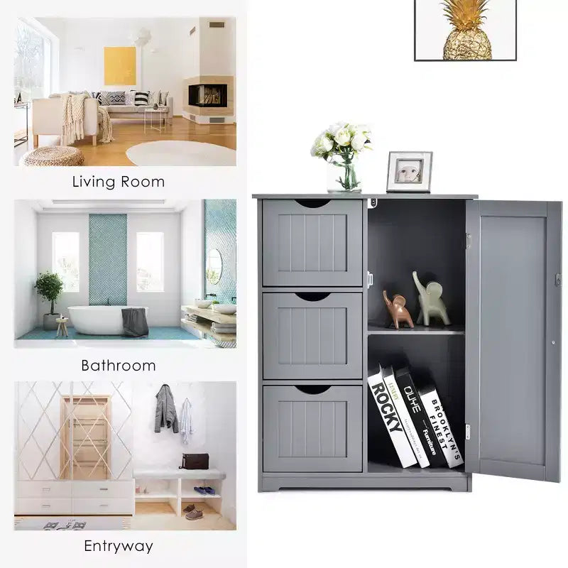 Meuble de rangement latéral pour salle de bain avec 3 tiroirs et 1 placard