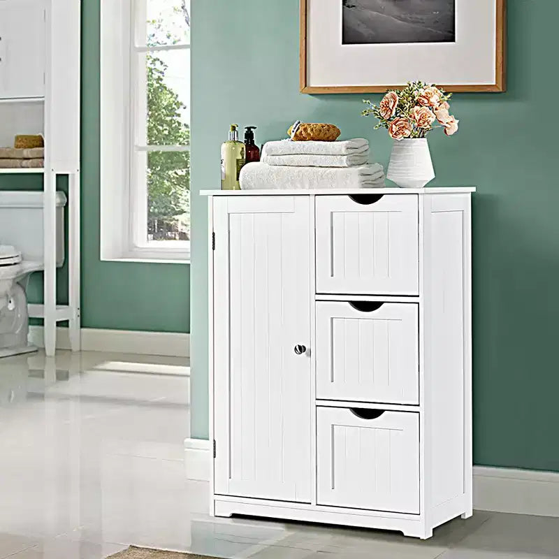 Meuble de rangement latéral pour salle de bain avec 3 tiroirs et 1 placard