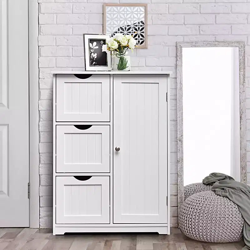 Meuble de rangement latéral pour salle de bain avec 3 tiroirs et 1 placard