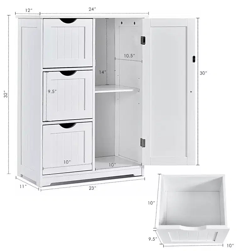 Meuble de rangement latéral pour salle de bain avec 3 tiroirs et 1 placard