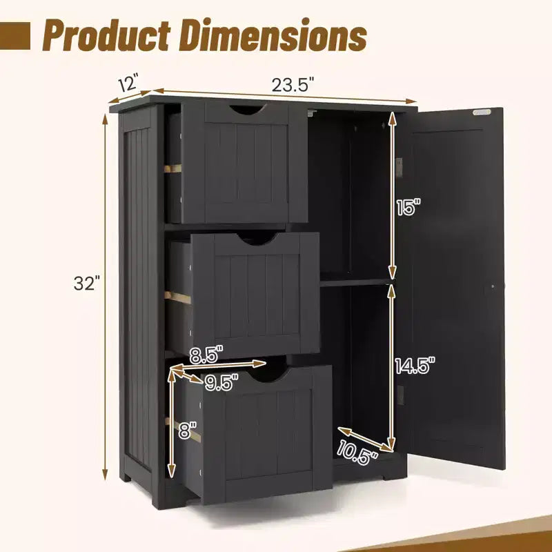 Meuble de rangement latéral pour salle de bain avec 3 tiroirs et 1 placard