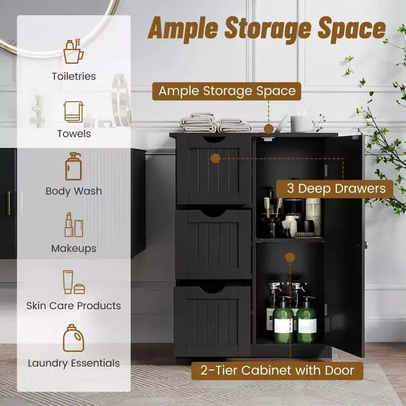 Meuble de rangement latéral pour salle de bain avec 3 tiroirs et 1 placard