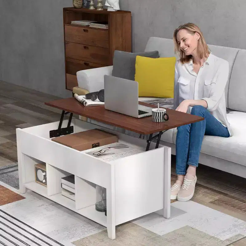Lift Top Coffee Table w/ Hidden Compartment and Storage Shelves