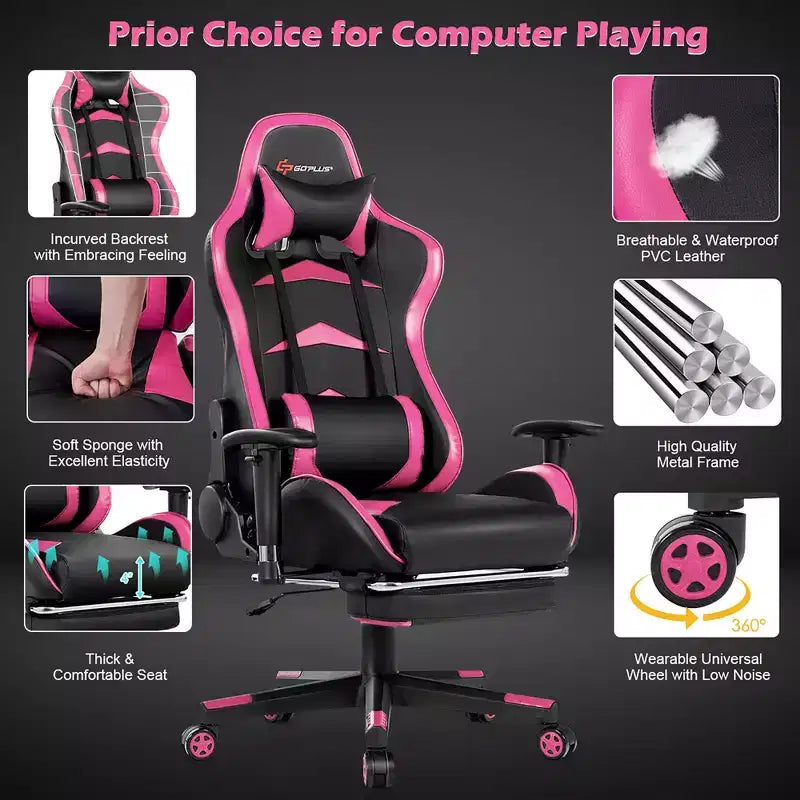 Chaise de Bureau de Massage de Jeu Inclinable Pivotante de Course avec Repose-pieds