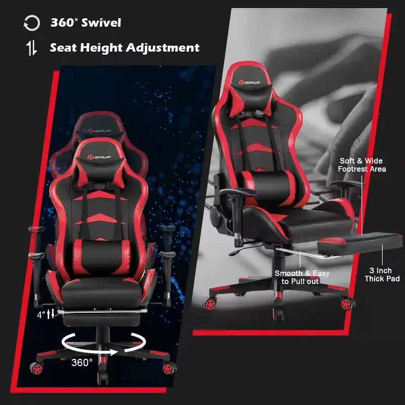 Chaise de Bureau de Massage de Jeu Inclinable Pivotante de Course avec Repose-pieds
