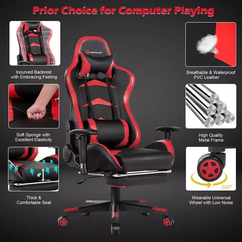Chaise de Bureau de Massage de Jeu Inclinable Pivotante de Course avec Repose-pieds