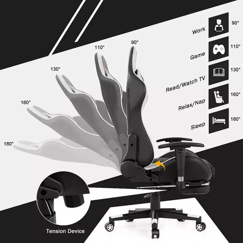 Chaise de Bureau de Massage de Jeu Inclinable Pivotante de Course avec Repose-pieds