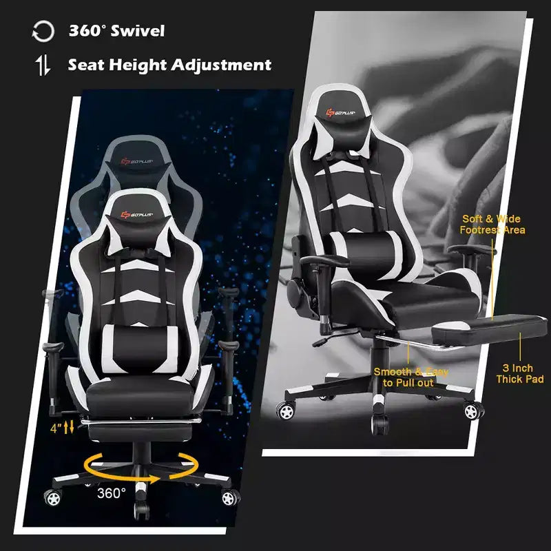 Chaise de Bureau de Massage de Jeu Inclinable Pivotante de Course avec Repose-pieds
