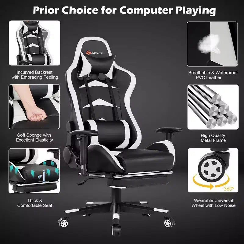 Chaise de Bureau de Massage de Jeu Inclinable Pivotante de Course avec Repose-pieds