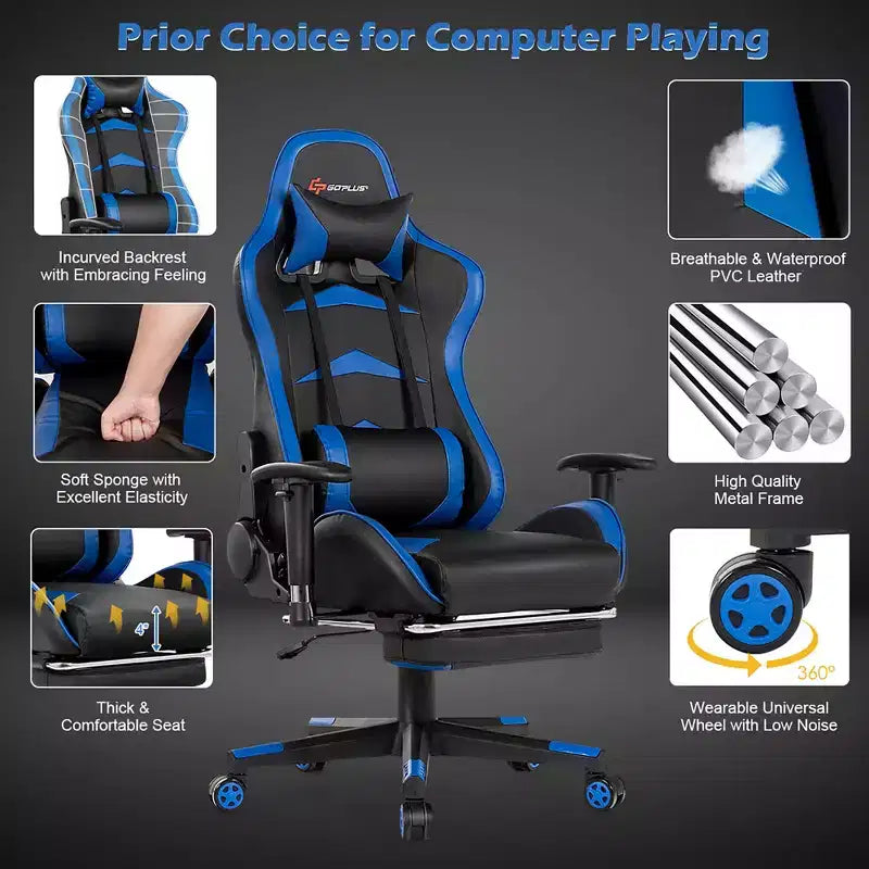 Chaise de Bureau de Massage de Jeu Inclinable Pivotante de Course avec Repose-pieds