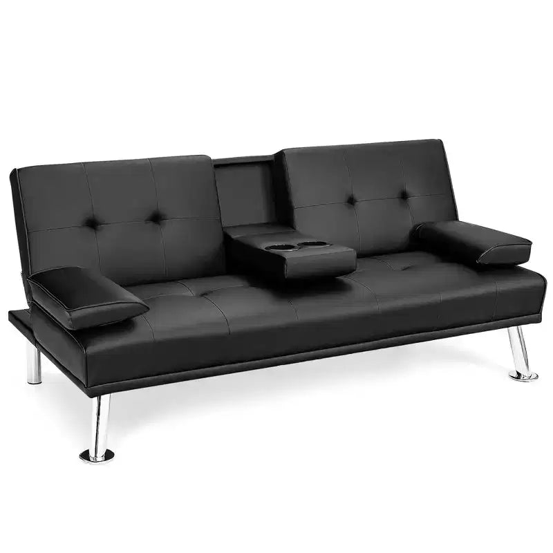 Canapé-lit futon convertible pliant en cuir avec porte-gobelets et accoudoirs