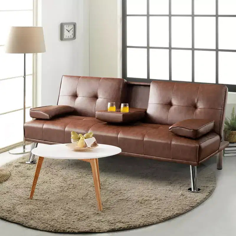 Canapé-lit futon convertible pliant en cuir avec porte-gobelets et accoudoirs