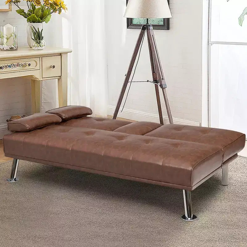 Canapé-lit futon convertible pliant en cuir avec porte-gobelets et accoudoirs